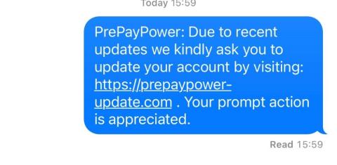 Fraudulent PrepayPower text message